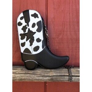 Lone Star Boutique Western Cowboy Boot Crossbody Bag Black White Cow Print